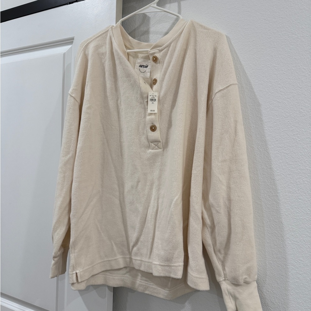 aerie Cream Button-Up Henley Top with Contrast Buttons